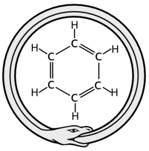A combination of the Ouroboros image and the benzene structural diagram