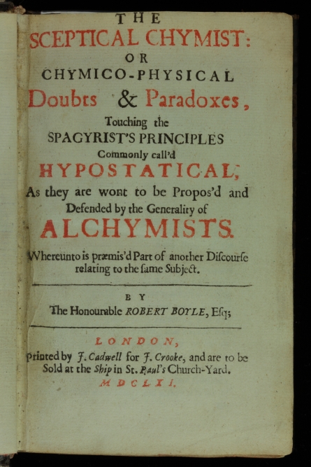 Title page from The Sceptical Chymist, a foundational text of chemistry, written by Robert Boyle in 1661.